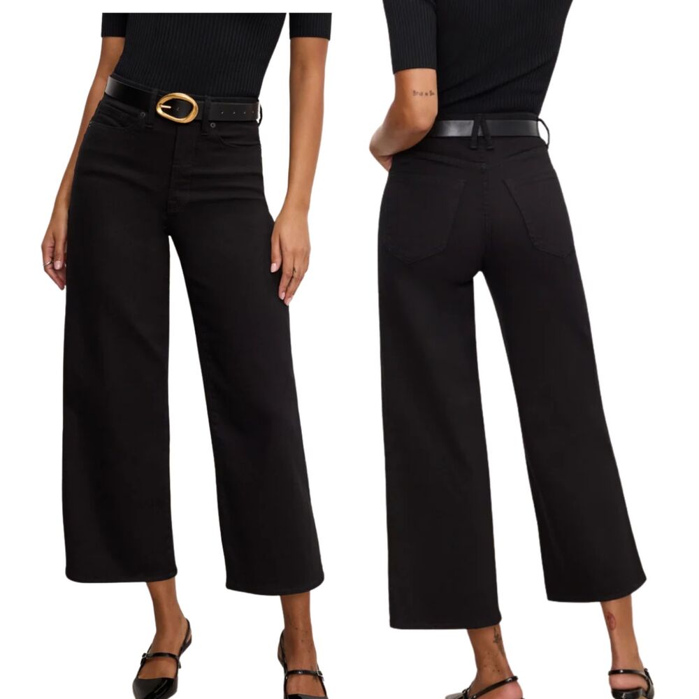 Good American Never Fade Black Good Waist Cropped Palazzo Jeans 0/25
